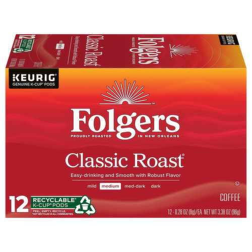 No matter what morning brings, you know you can count on quick and convenient Folgers K-Cup pods for The Best Part of Wakin’ Up. Folgers Classic Roast coffee delivers rich, smooth flavor and a famously fresh aroma for a distinct experience every time. It’s the quintessential Folgers medium roast coffee – an essential and delicious highlight in even the most hectic mornings. Packaged in genuine K-Cup pods, these simple single servings are optimally designed for Keurig coffee makers and brew in just a few minutes. Stock up now for an easy way to help make every day a little better.