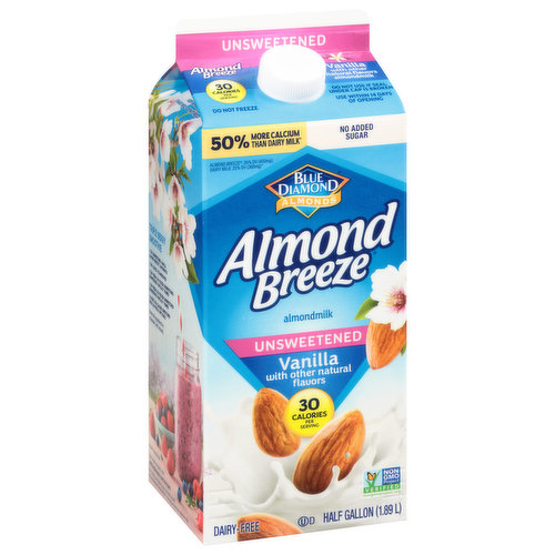 Made with real California almonds. With other natural flavors. 30 calories per serving. 50% more calcium than regular dairy milk Almond Breeze: 35% DV (450 mg; Dairy Milk: 25% DV (300 mg) (1 cup of regular milk contains 300 mg calcium vs 1 cup of Almond Breeze contains 450 mg calcium). Dairy free. Soy free. Lactose free. Gluten free. This product is free of: dairy, soy, lactose, cholesterol, peanuts, casein and gluten. Vegan. Excellent source of vitamin E and E. No added sugar. Non GMO Project verified. nongmoproject.org. The best almond make the best almondmilk. For over 100 years, our family of California almond growers has been dedicated to caring for Blue Diamond's almonds. Many of our growers are small families who have been proudly nurturing their orchards for generations. Ken and Jason Chandler, growers for 3 generations. From the almond people. Free from carrageenan. Taste Guarantee: If you are not completely satisfied with the taste, well give you your money back. For specific details, visit almondbreeze.com. almondbreeze.com. Facebook: Find us on Facebook. SmartLabel: Scan with smartlabel app for more information. For three additional ways to enjoy these oats, visit almondbreeze.com/recipes. Questions or comments? Write blue diamond customer support, PO Box 1768, Sacramento, CA 95812, or call 1 (800) 987-2329. Please include code number found on top of carton with all inquiries. almondbreeze.com. To learn more, please visit us at www.bluediamond.com/faqs or scan product UPC code for SmartLabel page. Try them all! Produced in a stringent allergen control environment. Recycle.