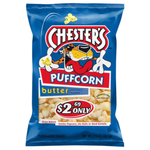 Oven baked unlike popcorn, no hulls or hard kernels. A corny poem from chester cheetah. Chester's the name, and Snackin's my game. These Puffcorn snacks are sure to gain fame. They're the puffiest poppable bites, from the north to the south with a crunchy corn taste that absolutely melts in your mouth. So taste for yourself this delicious, light-tasting treat. I'm sure you'll agree there's no other puffcorn to eat!