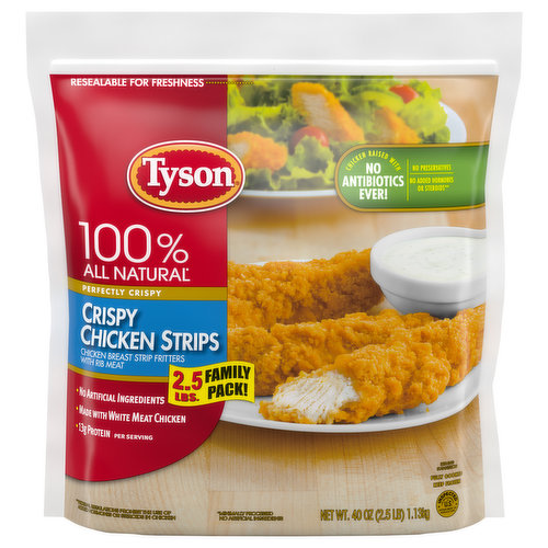Tyson Fully Cooked Crispy Chicken Strips are made with all natural* all white meat chicken with no preservatives, then breaded and seasoned to perfection. Fully cooked and ready to eat, simply prepare frozen chicken strips in an oven, air fryer, or microwave and serve with ranch for a convenient dinner. Keep fully cooked chicken frozen. *Minimally processed, no artificial ingredients