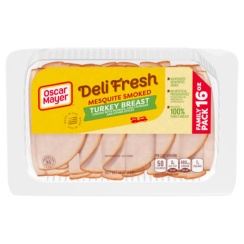 Oscar Mayer Deli Fresh Mesquite Smoked Turkey Breast Family Size Tray contains quality turkey deli meat with no artificial preservatives, no nitrates or nitrites added, and no added hormones. This turkey lunch meat is fully cooked and coated with paprika, chili powder and other spices for a mouthwatering, smoky flavor. Oscar Mayer Deli Fresh makes the perfect lunch - use smoked turkey slices to make a turkey club, or try making a turkey melt in the oven. Oscar Mayer Deli Fresh Mesquite Smoked Turkey Breast also makes a great addition to cheese and crackers or salads. Keep the 16 ounce tray refrigerated to maintain freshness.