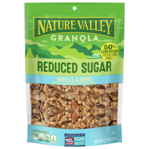 Less sweet is just right with Nature Valley Vanilla Almond Reduced Sugar Granola. With 50% less sugar than the leading Nature Valley granola*, this wholesome recipe is a delicious way to start your day. Every handful has the crunchy granola clusters you love with just a touch of sweetness. Real almonds and vanilla flavor bring delicious crunch to the hearty whole grain oats. And with less sugar, it's a granola bag you can feel good sharing with your family every day. Fill your bowl with this granola cereal as an energizing part of breakfast. Sprinkle a handful over a yogurt parfait for irresistible crunch. Bag some up for school snacks. Or use this recipe to mix up a batch of granola bites. From breakfast cereal to on the go snacks, Nature Valley has a delicious way to refuel or kick start your day. Whole grain oats are the first ingredient. Every bag is made with no artificial flavors, no colors from artificial sources and no high fructose corn syrup. Plus, each serving is high in fiber and provides 32 grams of whole grains (at least 48 grams recommended daily). Take along this resealable bag for breakfast on the go and outdoor adventures. Nature Valley Granola is proud to support schools and teachers as an official participating Box Tops product. At Nature Valley, we believe that what you put in is what you get out. So when you need to be great out there, you can rely on us for real energy, wherever and whenever you need it.*Reduced Sugar Vanilla Almond Granola has 7 grams of sugar per 65 gram serving. Our leading Granola (Nature Valley Protein Oats and Honey) has 16 grams per 65 gram serving.