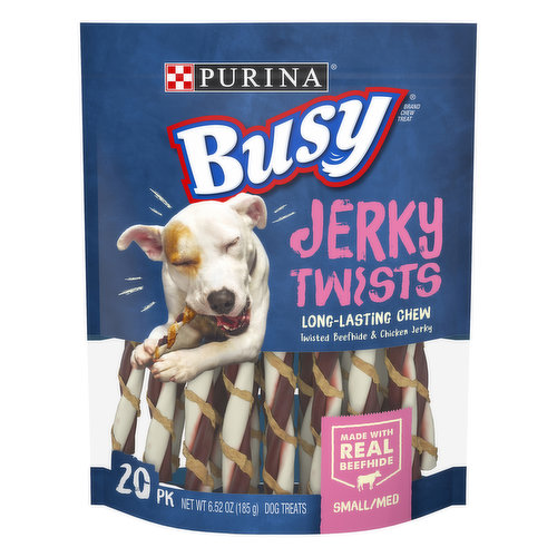 Calorie Content (Calculated) (ME): 3381 kcal/kg, 32 kcal/piece. Long-lasing chew. Twisted beefhide & chicken jerky. Made with real beefhide. The triple-flavor twist that lasts. 2 flavors of beefhide. Twisted with real chicken jerky. Packed with protein. Treated by irradiation for freshness & quality. purina.com. purinatreats.com. Shop the entire lineup of Busy chew treats at purinatreats.com. Product of Mexico. Reward your canine companion with Purina Busy Jerky Twists dog treats to provide him with the butcher shop flavors he craves. These jerky treats dog chews are made with real beefhide from farm-raised cattle, so you know he's getting only high-quality ingredients. Twisted with indulgent pieces of real chicken jerky, these treats offer a combination of tasty flavors to keep your dog interested when you don't have time to play. You can feel good every time you toss one of these grain-free treats to your dog, because they're packed with protein. These long-lasting dog chews also help keep your canine companion's teeth clean. Available in a resealable package to preserve freshness, Purina Busy Jerky Twists dog treats are designed with adult dogs in mind. Watch as your dog comes running with excitement every time you open a pouch of these delicious chews.; Whether you want to reward your dog's good behavior or provide a tasty snack that keeps him busy while you're working, Purina Busy Jerky Twists dog treats deliver a long-lasting chewing experience that holds his undivided attention. These jerky treats contain three flavors twisted together, including real beefhide from farm-raised cattle and real chicken jerky pieces, ensuring your dog gets an indulgent snack that he doesn't get bored with. These long-lasting jerky chews not only taste great, they also help to keep his teeth clean and his breath fresh. Before tossing him a treat between meals, make sure to consult the product packaging for the recommended daily feeding amounts based on your dog's size. When you tear open a pouch of Purina Busy Jerky Twists and your dog catches a whiff of the real, meaty goodness, have fun watching him spring into action with excitement.
At Purina we know how important it is to provide your dog with high-quality ingredients you trust. That's why we take pride in creating healthy wet and dry dog foods, dog food complements and dog treats. Each of our Busy dog treats is backed by the Purina name so you can feel good about serving them to your dog every day. Because we care about your dog's health and happiness just as much as you do, we put quality at the top of our priority list. Every batch undergoes regular checks to ensure its quality and safety to give you added peace of mind. Backed by Purina's more than 90 years of innovation, Busy is a brand we're proud to offer for your pet family. You treat your dog like family, and you want to be sure he gets the top-quality treats that let him know just how much you love him. With Purina Busy Jerky Twists dog treats, you can deliver the delicious jerky chews that keep that love growing.; Offer your dog the snack he craves with Purina Busy Jerky Twists dog treats, which contain real beefhide and chicken jerky. He gets the joy of a twisted treat along with the flavors he loves.