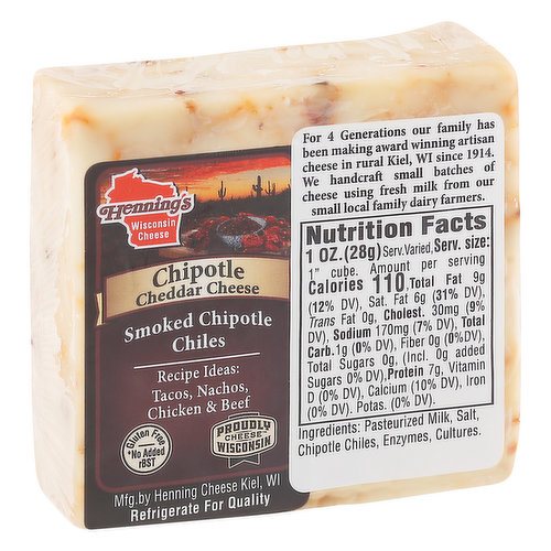 Smoked chipotle chiles. Gluten free. Henning's Wisconsin cheese. No added rBST. Proudly Wisconsin cheese. For 4 generations our family has been making award winning artisan cheese in rural Kiel, WI since 1914. We handcraft small batches of cheese using fresh milk from our small local family dairy farmers.