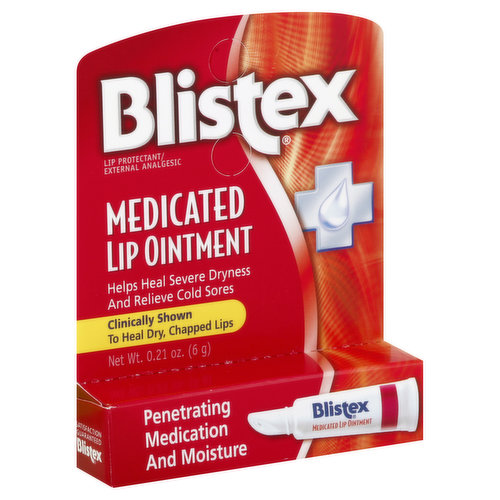 Misc: Lip protectant/ external analgesic. Help heal severe dryness and relieve cold sores. Clinically shown to heal dry, chapped lips. Penetrating medication and moisture. An Advanced Lip Care System delivers penetrating medication in a unique formula to relieve cold sores & severe lip dryness. Blistex Lip Ointment contains four medications to provide relief from the pain, itching and discomfort of lip sores and blisters. The moisture and emollient base in Blistex Lip Ointment hydrates and softens lip cells to alleviate cracking and seriously dry lips. Blistex Lip Ointment is so effective, it's been clinically shown to elevate lip moisture, help heal dry, chapped lips, and improve overall lip condition. Beauty professionals also use it to smooth lip texture before applying color. To use as a lipstick base, apply liberally, leave on for five minutes, then remove excess and apply color. Card is 100% recyclable. Satisfaction guaranteed.