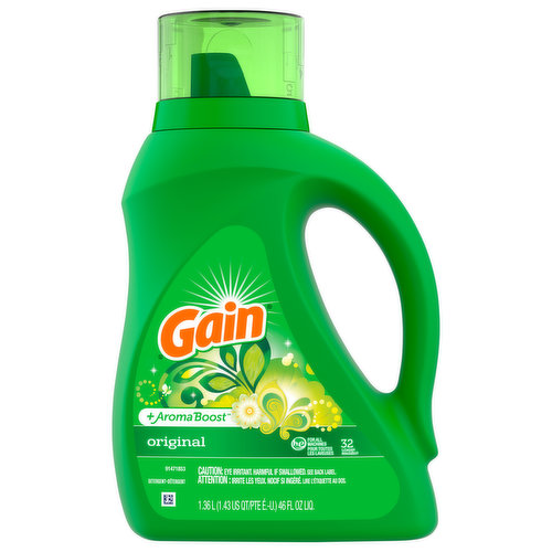 Gain Original Liquid Laundry Detergent infuses your clothes with the fragrance of the green, clean, airy outdoors, so you're always just one quick sniff away from the most invigorating scent experience known to humankind.Equipped with the cleaning power of Oxi Boost, and the odor-removal properties of Febreze, Gain Liquid Laundry Detergent provides you with excellent results wash after wash! Get rid of set-in odors and two-weeks old stains with the power of Oxi Boost, composed of highly effective pre-treaters, surfactants, and enzymes. Packing 50% more scent compared to regular Gain powder detergent, you can now revel in the ahhhmazing scent of Gain Liquid Laundry Detergent for up to six weeks from wash.