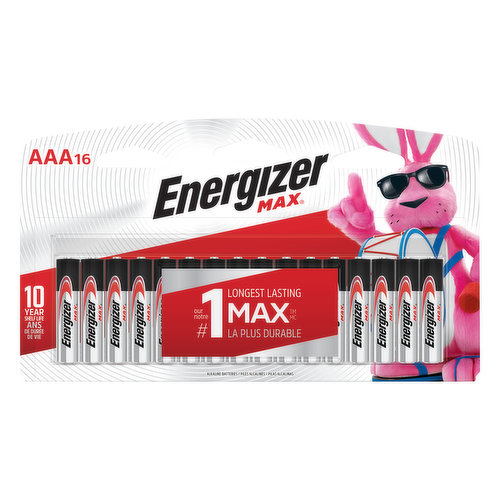 1.5V alkaline. 10 year shelf life. Our no.1 longest lasting. Protects your devices from leakage of fully used batteries up to 2 years. The world's no.1 longest lasting AA battery. www.energizer.com. www.energizer.ca. Also try Energizer Ultimate Lithium. Made in USA .