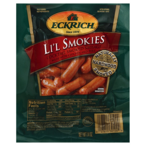 Cocktail smoked sausage. Made with chicken and pork. Fully cooked. Since 1894. Naturally hardwood smoked. Visit us at our website www.Eckrich.com. Inspected for wholesomeness by US Department of Agriculture.