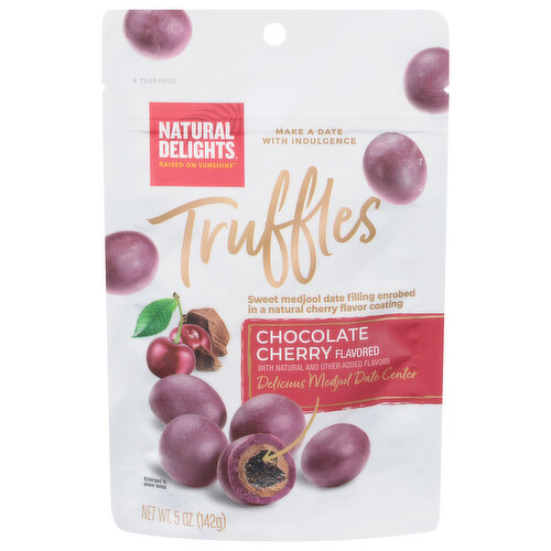 Sweet Medjool date filling enrobed in a natural cherry flavor coating. Make a date with indulgence. Delicious Medjool date center. Chopped Medjool dates wrapped in a creamy milk chocolate and topped with a cherry flavored chocolate are the perfect snack to satisfy your sweet tooth while enjoying the healthy benefits of Natural Delights Medjool dates. Treat yourself today!