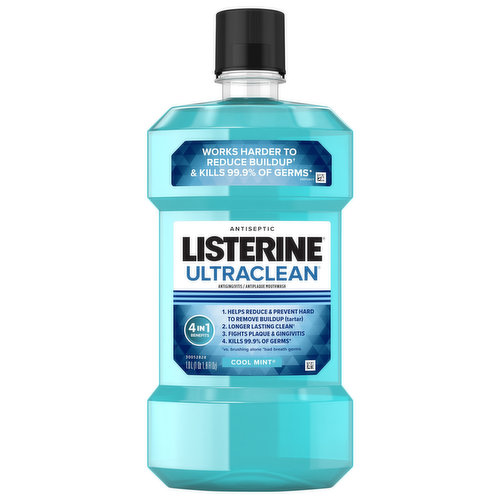 Give your mouth a powerful, dentist-clean feeling with Listerine Ultraclean Antiseptic Mouthwash with refreshing Cool Mint flavor for gingivitis treatment. This oral care mouthwash is clinically proven to fight tartar buildup & kill 99.9% of germs that cause bad breath, plaque & gingivitis & provides up to 3x longer lasting clean feeling versus brushing alone. This tartar control mouthwash helps maintain healthy gums & fresh breath with an added anti-tartar ingredient for cleaner teeth & 4x healthier gums in 3 weeks vs. brushing alone. The Cool Mint flavor of the oral rinse combined with Listerine Everfresh technology will keep your breath fresh & your mouth feeling clean up to 3x longer than brushing alone. Accepted by the American Dental Association (ADA), achieve maximum results by rinsing with this mouthwash for 30 seconds twice a day. We recommend you try Listerine Ultraclean which helps keep your teeth naturally white.