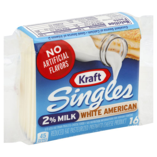 2% milk. No artificial flavors. 1/3 less fat than process cheese food. See nutrition information for sodium content. 45 calories per slice. Excellent source of calcium. Good source of vitamin D. Fat reduced from 5 g to 2.5 g per serving. Visit us at: kraftfoods.com or call us at: 1-800-634-1984. Please have package available. Always made with milk.