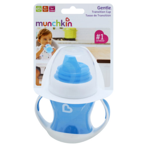 4+ months. 118 ml. Helps transition from a bottle to a sippy cup. Soft, silicone spout is gentle on baby's gums. Removable anti-slip handles are easy for little hands to grip. No.1 cup brand (Baby IRI data latest 52 wks ending 2/25/2018). It's the little things. Colors and styles may vary slightly. munchkin.com. BPA free. Made in China.