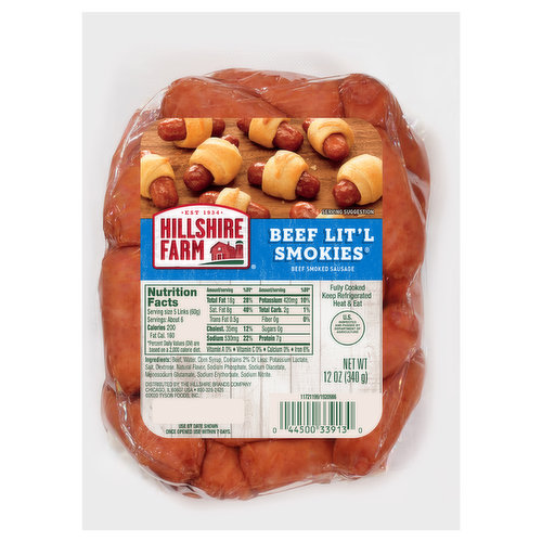 Hillshire Farm Lit’l Smokies Smoked Sausages are the perfect snack. Made with farmhouse quality cuts of beef and smoked to perfection, this cocktail sausage is fully cooked and bursting with beef smoked sausage flavor. Heat these cocktail weenies on the stove, in the microwave or in the oven for a fun snack. Use these beef sausages to create appetizers, such as pigs in a blanket.
