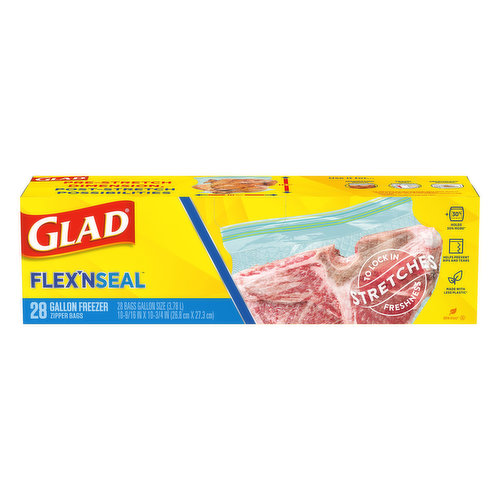 Gallon Size (3.78 l). 10-9/16 in x 10-3/4 in (26.8 cm x 27.3 cm). Stretches to lock in freshness. Helps prevent rips and tears. Made with less plastic (vs. similar sized Glad standard food bags). Pre-stretch dimension, Post- stretch possibilities. Use if for. Marinating. Travel. Microwave (For defrosting and reheating foods: open zipper about an inch (2 or 3 cm) to vent, and place bag on a microwave-safe plate). Stretches to hold 30% more (Compared to similar sized standard Glad freezer bags). Glad and Glad-lock - the names you've grown to trust. www.glad.com. how2recycle.info. See our website www.glad.com for more ways to use Glad bags. Questions or comments? Visit our website or give us a call. www.glad.com. 1-800-835-4523. BPA-free (Product not formulated with BPA (Bisphenol A)). Environmental Facts: Clean, dry bags are recyclable where facilities exist, including at participating retailers. Please recycle this paperboard carton. Made in Thailand.
