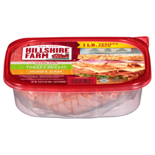 Enjoy two of your favorites with Hillshire Farm Ultra Thin Oven Roasted Turkey Breast & Honey Ham Sliced Deli Meat. Perfect for sandwiches and wraps, our oven roasted turkey is paired with sliced honey ham deli meat. Made with no artificial flavors, Hillshire Farm deli meat is 98 to 96% fat-free. Our delicious turkey and ham is fully cooked and ready-to-eat.