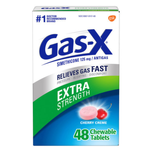 Gas-X Extra Strength Chewable Gas Relief Tablets with Simethicone 125 mg deliver fast relief of gas pressure, bloating and discomfort. These chewable tablets go to work in minutes, rescuing you from embarrassing situations and helping you get back to feeling like yourself. Gas-X uses 125 mg simethicone to break up gas bubbles in your stomach and intestines. Once this trapped gas is broken down, your body can deal with the gas properly. These portable and easy to take simethicone chewable tablets come in tasty cherry flavor. Adults and children 12 years of age and older may chew one or two antigas chewables as needed, not to exceed four gas tablets in 24 hours unless directed by a doctor. Trust Gas-X, the #1 doctor recommended OTC anti-gas product.*
*ProVoice Survey fielded from March 1, 2020 to February 28, 2021, and recording recommendations for OTC Anti-Gas products