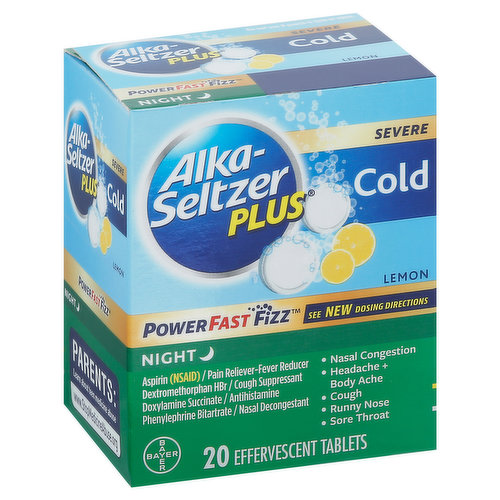 Alka-Seltzer Plus Cold, Severe, Night, PowerFast Fizz, Effervescent Tablets, Lemon