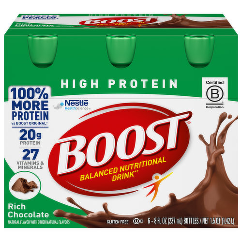 Muscle health & energy (Boost High Protein Drink contains 20 g protein for muscle health and 250 nutrient-rich calories with B-vitamins to help convert food to energy). Key nutrients for immune support vitamins C & D, Zinc, Iron & Selenium. Immune Support: Discover key nutrients found in Boost Nutritional Drinks to help support the immune system. Boost Nutritional Drinks help you get more out of life today and tomorrow with tailored nutrition to help meet your needs. Vitamins; Protein; Minerals. Suitable for lactose intolerance. Balanced nutritional drink to help you be your best!