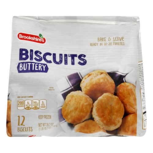 Per 1 Biscuit Serving: 200 calories; 6 g sat fat (30% DV); 740 mg sodium (32% DV); 2 g total sugars. Bake & serve. Ready to bake in 18-28 minutes. Is there anything that complements a good meal better than delicious flaky biscuits? Brookshire's Buttery Biscuits fill the bill perfectly. Their rich buttery flavor and light airy texture are sure to please your taste buds and satisfy your appetite. And they're so easy to prepare, you'll want to make them again and again. Since 1928. If you're not happy, we're not happy. 100% satisfaction, 100% of the time, guaranteed! brookshires.com. Questions? Call us at 1-903-534-3000 brookshires.com.