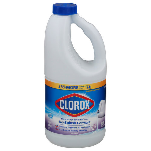33% More compact dose (vs. previous Clorox Splash-Less Bleach). Concentrated formula. For standard & HE machines. No-splash formula. Whitens, brightens & deodorizes. 10x Deep-cleaning benefits. Contains no phosphorus. Not harmful to septic systems. how2recycle.info. www.clorox.com. Questions or Comments? Visit us at www.clorox.com or call (800) 292-2200. For more product ingredient information, visit www.smartlabel.org. Made in USA of global components.