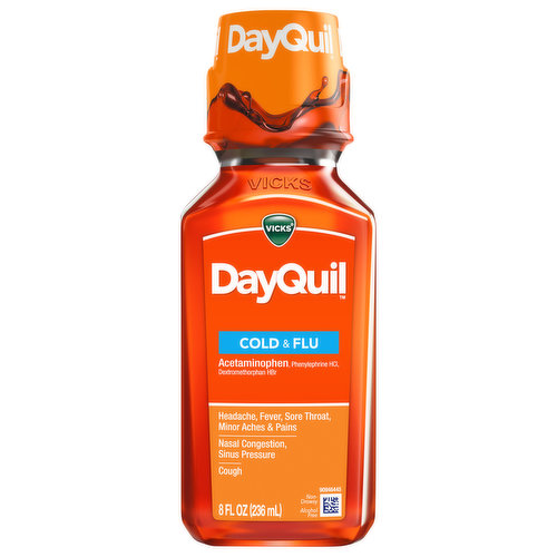 Vicks DayQuil Cold & Flu provides powerful, non-drowsy, daytime relief for your worst cold and flu symptoms. DayQuil relieves headache, fever, sore throat, minor aches & pains, nasal congestion, and cough. Contains acetaminophen. Use as directed. Keep out of reach of children. *Data represents brand/product selections from the 2019 Pharmacy Times Survey of Pharmacists’ OTC Recommendations.