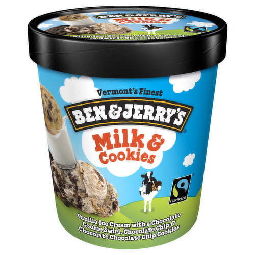 Ben & Jerry's Vanilla ice cream with a chocolate cookie swirl, chocolate chip and chocolate chocolate chip cookies. Cookie madness, mixed with vanilla ice cream—has your inner cookie monster exploded with joy yet? It almost seems unfair to stack the deck like this. If the best part of your school day was sitting down to a plate of cookies and a glass of milk after you got home, is it fair to improve on that experience? We’d like to say no—but then this flavor came along. Not only do you get the perfect ratio of vanilla ice cream to cookie (no sogginess here!), you also get two kinds of cookies—regular old chocolate chip, and chocolate-chocolate chip. Oh, yes. We delved into the double-chocolate territory. And to make it even better, we also added a chocolate cookie swirl, just to maximize your cookie-eating experience. We’re sorry. (Just don’t tell your 8-year-old self that your favorite treat…just got even favorite-r). And we’ll admit: we also like playing favorites with ingredients, too. Which is why all of Ben & Jerry’s ice cream flavors are made with non-GMO sourced ingredients, and eggs from cage-free hens. In addition, the cocoa, sugar, and vanilla in Milk & Cookies come from Fairtrade certified producers—and this cookie-lover flavor also comes wrapped up in sustainably sourced packaging.