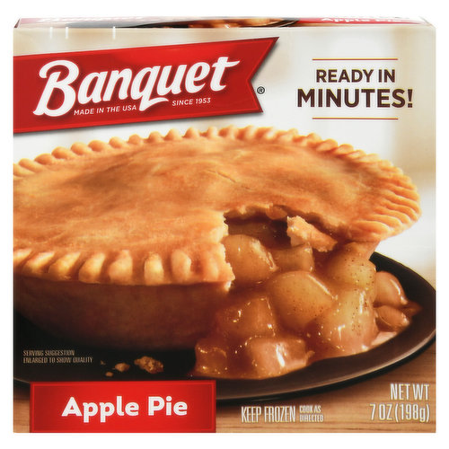 Made with Washington apples. Per 1 Pie: 370 calories; 4 g sat. fat (20% DV); 480 mg sodium (21% DV); 24 g total sugars. Since 1953. www.banquet.com. how2recycle.info. SmartLabel: Scan for more food information. Question or comments, visit us at www.banguet.com or call 1-800-257-5191 (except national holidays). Please have entire package available when you call so we may gather information off the package. Made in the USA. Proudly made in the USA since 1953.