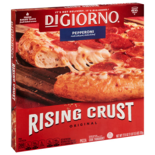 Fresh baked taste. Fresh baked aroma. It's not delivery. It's Digiorno. 100% real cheese. Not ready to eat. Prepared yourself for the fresh baked taste and aroma of Digiorno Rising Crust Pizza that can only come from the best place of all: your oven. US only. Paper box. Paper wrap. how2recycle.info.