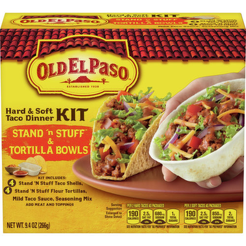 Per 2 Hard Tacos as Packaged: 190 calories; 2.5 g sat fat (12% DV); 680 mg sodium (29% DV); 1 g total sugars. Per 2 Soft Tacos as Packaged: 190 calories; 2.5 g sat fat (13% DV); 850 mg sodium (37% DV); 2 g total sugars. See nutrition facts for as prepared information. Contains bioengineered food ingredients. Learn more at Ask.GeneralMills.com. Kit Includes: 4 stand 'n stuff taco shells, 4 stand 'n stuff flour tortillas, mild taco sauce, seasoning mix. Add meat and toppings. Established 1938. www.oldelpaso.com. how2recycle.info. Questions or Comments? Call 1-800-300-8664 Information from the package will be helpful. To get inspired, visit us at: www.oldelpaso.com. Box Tops for Education: No more clipping. Scan your receipt. See how at BTFE.com.