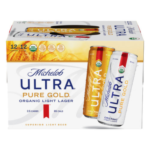 Superior light beer. 2.5 carbs. 85 cals. USDA Organic. Certified Organic by OTCO. Free from artificial flavors. Free from artificial colors. With intention. It's simple. With Michelob Ultra Pure Gold, you get the pure refreshing taste you enjoy, with organic ingredients sourced from the finest farms in the country. Made with organic grains. Enjoy responsibly. TapIntoYourBeer.com. www.michelobultra.com. www.sfiprogram.org. Thirsty for more info? Tapintoyourbeer.com. Questions/Comments Call: 1-800-342-5283 www.michelobultra.com. Sustainable Forestry Initiative: Certified fiber sourcing. www.sfiprogram.org. We support the Sustainable Forestry Initiative by obtaining the packaging materials used in this carrier from certified sources, because we believe in managing our forest for future generations. Enjoy responsibility. Please recycle.