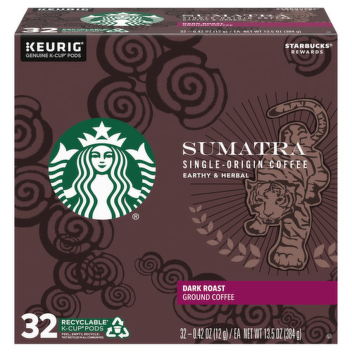 Starbucks Coffee, Ground, Dark Roast, Sumatra, K-Cup Pods