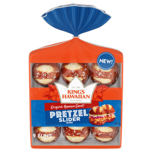 New! Est. 1950. No artificial dyes. Sweet Pretzel Slider Buns: Our King's Hawaiian Sweet Pretzel Slider Buns are pre-salted with all the Hawaiian sweetness you love in an irresistible pretzel style bun for you favorite burger, pulled pork or grilled chicken sliders.