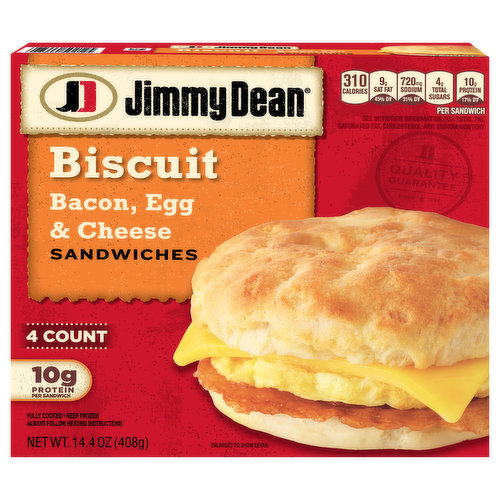 Greet the day with a warm biscuit sandwich. Featuring crispy bacon, fluffy eggs, and melty cheese on a golden baked biscuit made from scratch, Jimmy Dean Frozen Bacon, Egg and Cheese Biscuit Sandwiches make waking up in the morning the most delicious part of the day. Packed with 10 grams of protein per serving, this breakfast sandwich gives you more fuel to power your morning. Simply microwave and serve for breakfast at home or on-the-go. Includes 4 individually wrapped sandwiches. Jimmy Dean once said, "Sausage is a great deal like life. You get out of it what you put in." Which pretty much sums up his magic formula for having a great day. Today, Jimmy Dean Brand brings you many ways to add some sunshine to your morning. Because today's your day to shine on.