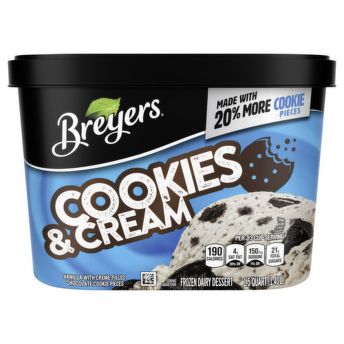 Breyers vanilla and heaps of crème-filled chocolate cookie pieces? Yes, please! Breyers Cookies & Cream Frozen Dairy Dessert combines your love of Breyers vanilla with chocolate cookie pieces. In this delicious frozen treat, rich, creamy vanilla goodness surrounds chunks of chocolate crème-filled cookies. It's the milk and cookie break we know you've been craving! Even better, this delicious frozen dairy dessert is made with 20% more crème-filled chocolate cookie pieces. When William Breyer started his small ice cream business in Philadelphia in 1866, he based his recipes around simple and pure ingredients. More than 150 years later, we still honor that same philosophy. We always start with high-quality ingredients like fresh cream, milk, and sugar and combine them with naturally sourced colors and flavors for wholesome goodness. This combination is how we create flavors you know and love. Our dairy comes from American farmers who produce 100% Grade A milk and cream from cows not treated with artificial growth hormones*. Want even more cookie goodness? Try our new Double Cookie Crumble frozen treat. It’s the perfect trio of sweet cream Breyers, chunks of crème-filled chocolate cookies and a yummy chocolate cookie swirl. *The FDA states that no significant difference has been shown between dairy derived from rBST-treated and non-rBST-treated cows.