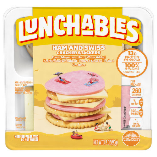 Lunchables Lunch Combinations Ham & Swiss with Crackers are the perfect choice for an on the go lunch, while letting kids have fun with their food. This convenient box lunch for kids includes Oscar Mayer lean ham slices, Kraft Swiss pasteurized prepared cheese product and crackers to create tasty stacked cracker snacks. This sliced ham and snack crackers meal kit is a fast and fun option for school lunch, picnics or on the go snacking. The ham and cheese lunch tray provides a good source of calcium and protein, with 14 grams of protein per serving. Refrigerate this conveniently packaged 3.2 ounce Lunchables Lunch Combinations.