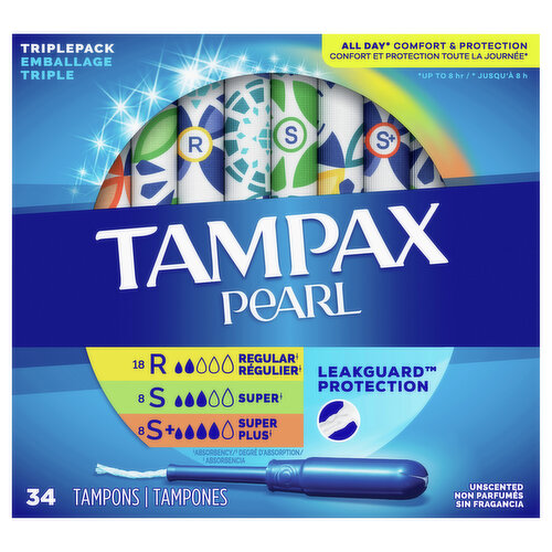 All day (Up to 8 hr) comfort & protection. 18 Regular (Absorbency); 8 Super (Absorbency); 8 Super plus (Absorbency). Leakguard protection. No. 1 U.S. gynecologist recommended tampon brand (based on a 2020 survey). Free of perfume. Free of elemental chlorine bleaching. Tampon free of dyes. Clinically tested gentle to skin. Our best Pearl protection ever. Absorbency: Light less than 6 g; Regular 6-9 g; Super 9-12 g; Super Plus 12-15 g; Ultra 15-18 g. Switch between absorbencies throughout your cycle. For better comfort and protection every day. Everyday comfort for up to 8 hrs of out of sight, out of mind protection. Formfit Expansion: Expands gently to fit your body shape. Smooth Removal Layer: For amazing comfort even on light days. Leakguard Braid Protection: helps stop leaks before they happen. Tampax Guarantee: 1-800-398-3766. Satisfaction guaranteed, or your money back. If not satisfied with this performance of Tampax, send original receipt and UPC within 60 days of purchase for a refund via a prepaid card in the amount of your purchase. Limited to one redemption per name, address or household; no organizations. Call 1-800-398-3765 for more information. tampax.com. www.pg.com. how2recycle.info. Scan me Tampax. Questions? 1-800-523-0014. Learn more about your product and its ingredients tampax.com. Made in USA.