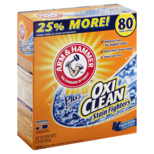 80 loads (This package contains detergent for 80 medium loads of wash (as measured to bottom of line 2 on scoop). The precise number of loads from each package will vary slightly with the method of scooping and settling during shipment.). The standard of purity. 25% more loads than 63 load detergents! Removes even the toughest stains! Whiter whites, brighter brights (versus regular Arm & Hammer powder laundry detergent)! Baking soda fresh! Plus the Power of OxiClean Stain Fighters. Concentrated use 1/3 less. Arm & Hammer plus the power of OxiClean! This unique laundry detergent combines the cleaning and freshening power of Arm & Hammer detergent with OxiClean stain fighters! Arm & Hammer plus the power of OxiClean cleans over 101 stains, yet is color safe. No fading, no bleaching (When used according to package directions). Just clean, bright, colorful clothes that look and smell terrific! Unleash the 2-in-1 power for cleaner, whiter, fresher laundry (versus regular Arm & Hammer powder laundry detergent) with Arm & Hammer Plus the Power of OxiClean! For all of your laundry needs, trust any of these great Arm & Hammer or OxiClean products! Keeps colors vibrant! Visit us at www.armandhammer.com. The Arm & Hammer Guarantee: We unconditionally guarantee that this product will clean and freshen your clothes. You must be completely satisfied with the performance of this product, or your money back. Questions? Ingredients? Please call us at 1-800-617-4220 (Monday-Friday, 9 AM - 5 PM ET). Contains less than 0.5% phosphorus by weight. Biodegradable cleaning agents. Safe for septic systems. 100% recycled paperboard. Box made from 100% recycled paperboard. Minimum 35% post-consumer content. Manufactured in the United States.