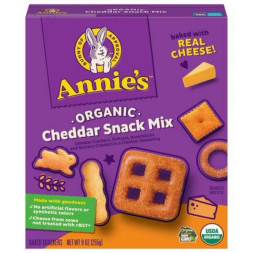 Annie's Organic Cheddar Snack Mix is a crunchy combination of pretzels and crackers all lightly coated in a yummy savory seasoning. Made with real organic cheddar cheese, this organic snack mix delivers big on flavor. Plus, the adorable bunny-shaped crackers pack even more fun into the mix. No artificial flavors or synthetic colors here — just certified organic goodness. Excellent for snack packs, party mixes or anytime you're craving something downright delicious.