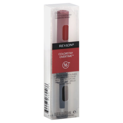 0.07 fl oz (2.0 ml) each. 16 hours of comfortable color. No touch-ups needed - even after meals. Topcoat enriched with chamomile, keeps lips comfortable and delivers the shiniest shine. Revlon.com. Made in USA with US and non-US components.