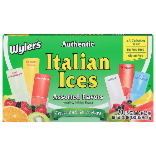 Wyler's Italian Ices, Assorted Flavors, Authentic, 20 Pack