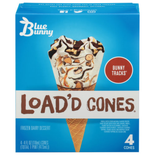 Share the ice cream parlor experience from your freezer with Blue Bunny Load'd Cones Bunny Tracks. Every cone is loaded to the last bite with 2x the mix-ins*. Creamy vanilla flavored frozen dairy dessert is swirled through with caramel, fudge and peanut butter-filled bunnies, then topped with chocolaty fudge, peanuts, more peanut butter filled-bunnies and whipped topping inside a crunchy sugar cone. It's all the fun of a visit to the ice cream parlor, from the first bite to the very tip of the cone. Grab the frozen dessert on a busy weeknight. Or give kids a sweet treat from the freezer instead of a trip for soft serve ice cream cones. The individually wrapped frozen treats are easy to enjoy wherever you go, from the beach to a stroll down your street. Blue Bunny--We Make Fun. *Compared to Blue Bunny Caramel Lovers Cone, excluding toppings.