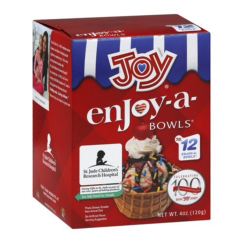 No artificial flavor. No peanuts or tree nuts are processed in our facility. Celebrating 100 years of baking excellence. Bring Joy home. Since 1918. www.joycone.com. Follow Joy Cone on: Facebook. Pinterest. Questions/Comments? Write: 3435 Lamor Rd., Hermitage, PA 16148. Visit: www.joycone.com/contact-us. Call: 1-800-242-2663. Please have package available. Visit our website at www.joycone.com. St. Jude Children's Research Hospital. Giving gifts to St. Jude as part of our 100+ years of baking goodness. At Joy Cone Co., a 100% employee-owned business, we believe in bringing people together to experience joy. That is why we are pleased to partner with St. Jude Children's Research Hospital for a second year. In 2019, Joy Cone is making a $100,000 donation to St. Jude to help support their lifesaving mission: Finding cures. Saving children. Because of you, we can give to a great cause. Certified 100% recycled paperboard. Product of USA.
