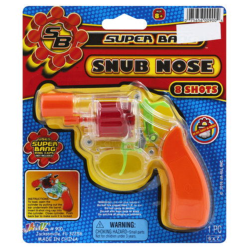 Age 8+. 8 shots. Uses Super Bang ring caps (not included). Conforms to the safety requirements of ASTM F963. The Toy Association. Made in China.