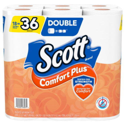 3.82 x 4.0 in (9.7 x 10.2 cm). Total 4374 sq ft (39.6 sqm). 18 double rolls = 36 regular (Sheet count compared to 71 sheet count Charmin regular roll). Tested for strength. Designed for comfort. Clog free. Septic safe. 231 sheets per roll. scottbrand.com. how2recycle.info. 1-800-835-7268 Please have a roll from the package when you call. Make your family a Scott family. Rapid-dissolving. 1000 per roll. Paper towels. FSC: Mix - Paper from responsible sources. www.fsc.org. Made in the USA from domestic and imported material.