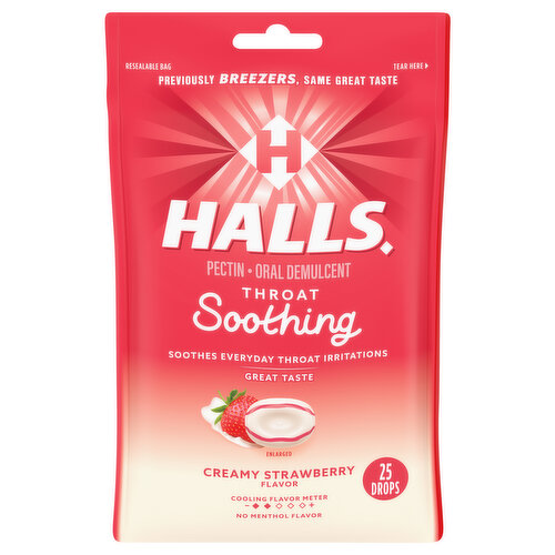 HALLS Throat Soothing (Formerly HALLS Breezers) Creamy Strawberry Throat Drops soothe scratchy throats with no menthol flavor. With 7 mg of pectin in each drop, these throat lozenges temporarily soothe everyday throat irritations. These sore throat drops have a delicious creamy strawberry flavor. For quick sore throat relief, simply dissolve one drop slowly in the mouth, and repeat as needed. HALLS Throat Soothing Throat Drops are formulated for adults and children five years and older. This package contains 25 individually wrapped throat lozenges and is resealable for freshness and portability. It is also perfect inclusions in a healthy gift or care package.