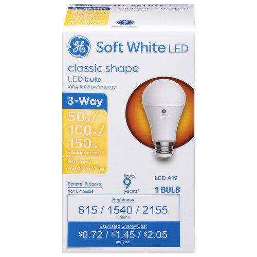 GE Light Bulb, LED, 3-Way, Classic Shape, Soft White, 6/12/17 Watts