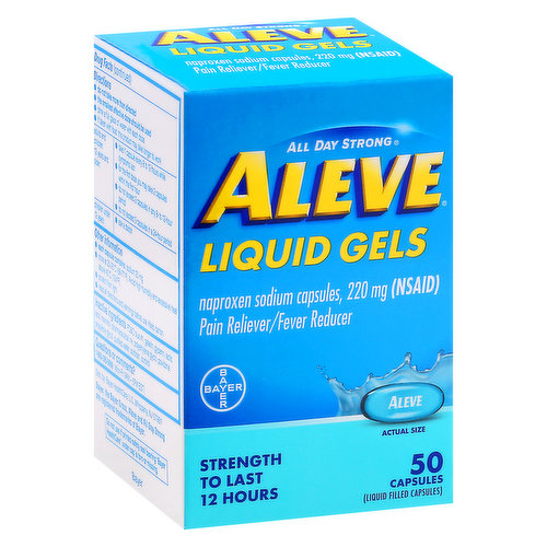 In Each Capsule: Other Information: Each capsule contains: sodium 20 mg. Store at 20-25 degrees C (68-77 degrees F). Avoid high humidity and excessive heat above 40 degrees C (104 degrees F). Protect from light. Read all directions and warnings before use. Keep carton. Naproxen sodium capsules, 220 mg (NSAID). Liquid filled capsules. Strength to last 12 hours. Questions or comments? 1-800-395-0689 (Mon-Fri 9am-5pm EST).