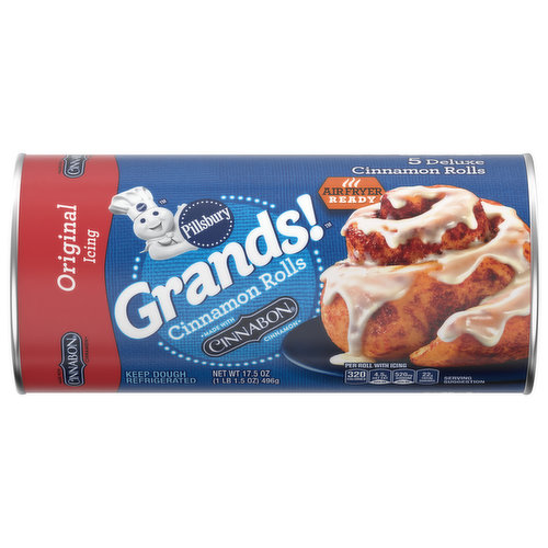 Slow down and savor the morning together with warm, freshly-baked Pillsbury Grands! Cinnamon Rolls. It’s easy to make any day cinnamony sweet with Pillsbury’s ready-to-bake dough made with Cinnabon cinnamon and premade Original icing. These refrigerated cinnamon rolls make a great weekday breakfast or special holiday treat. Ready in minutes, these deluxe cinnamon rolls will quickly become a family favorite. Imagine the memories you’ll make.These large cinnamon rolls provide a sweet reason for your family to gather around the table. Simply heat the oven to 350° F, place the rolls in a greased pan, bake for 23–27 minutes or until golden brown, and spread the delicious icing on top. Nothing wakes up a day like an oven-fresh cinnamon roll.
