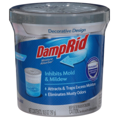 Decorative design. Attracts & traps excess moisture. Microban: Inhibits mold & mildew (Inhibits surface damaging mold and mildew growth). Eliminates musty odors. Lasts up to 45 days (Duration will vary based on temperature and humidity). Deodorizer and mildewstatic (For aesthetic purposes only) agent. Will not harm septic systems. Tamper-resistant lid. Suggested Uses: Bathrooms; clothes closets; laundry rooms; bedrooms; offices; kitchens; storage sheds.