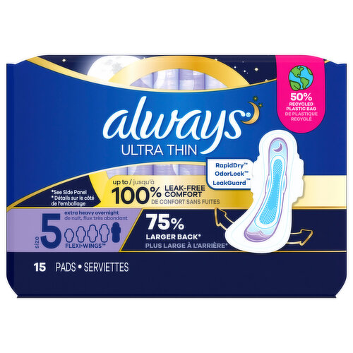 Always Pads, with Flexi-Wings, Overnight, Flex Foam, Unscented